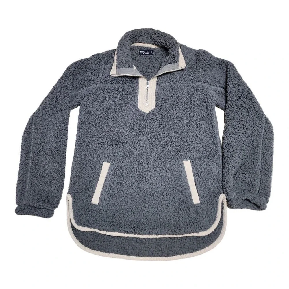 Abercrombie & Fitch Pullover Womens Medium Gray Soft A F Sherpa Fleece 1/4 Zip - Picture 1 of 12